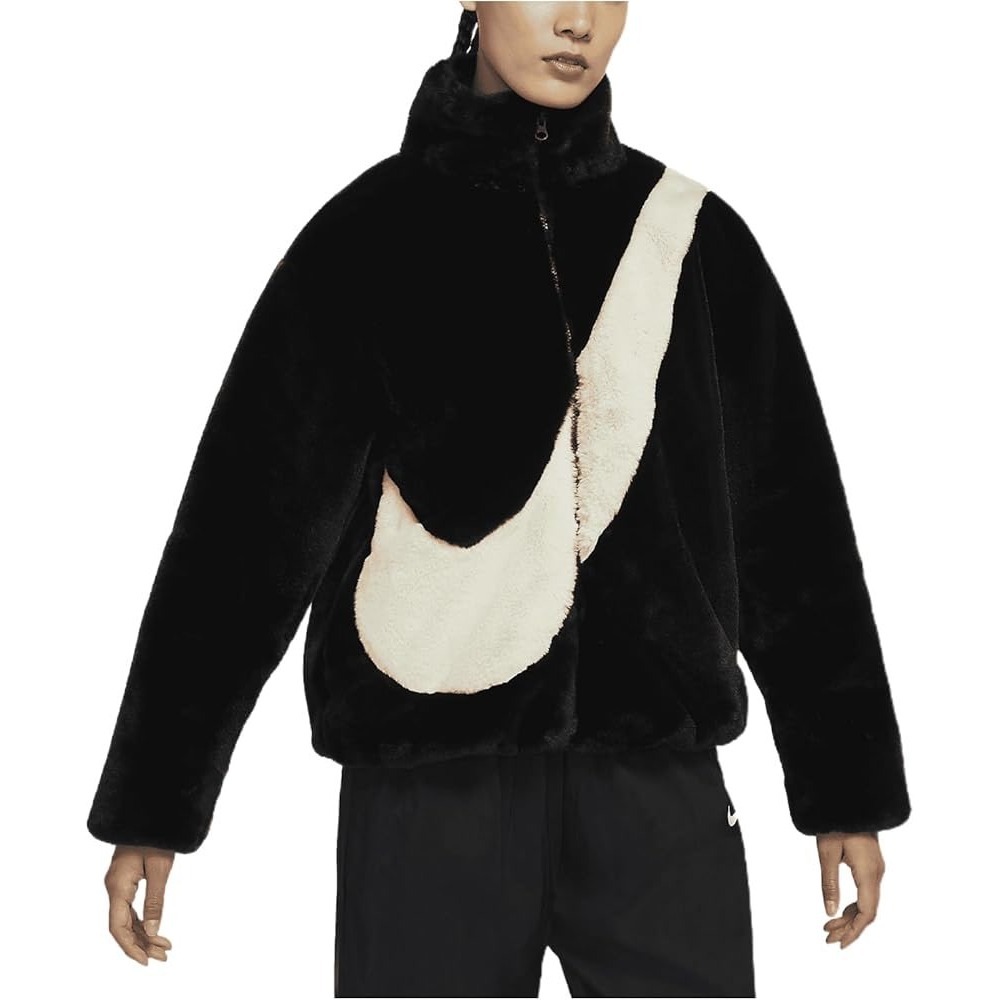 Nike Big Swoosh‎ Faux Fur Full Zip Jacket Black Cream Womens Size M